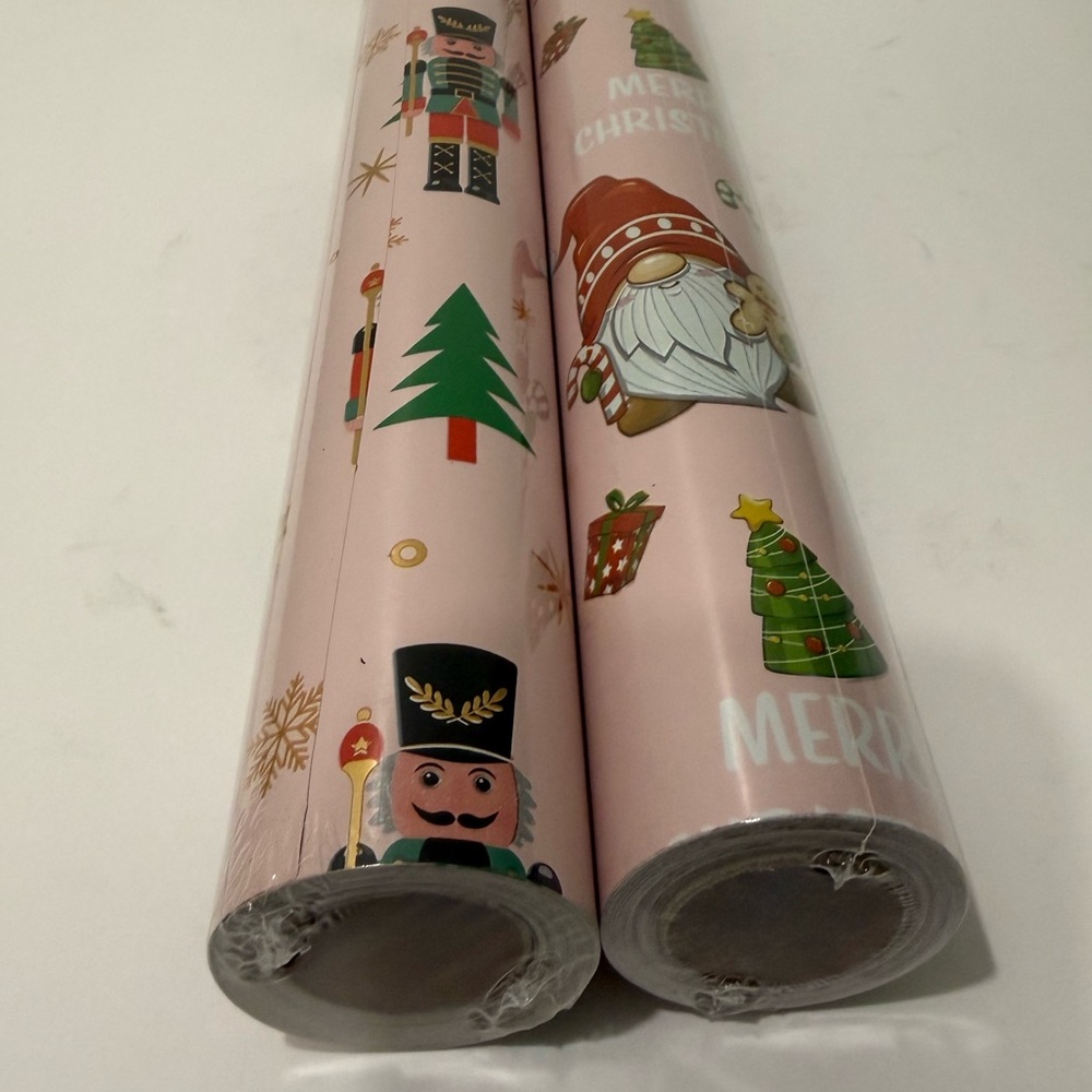 Festive Pink Christmas Holiday Wrapping Paper Two Rolls - nutcracker and gnomes